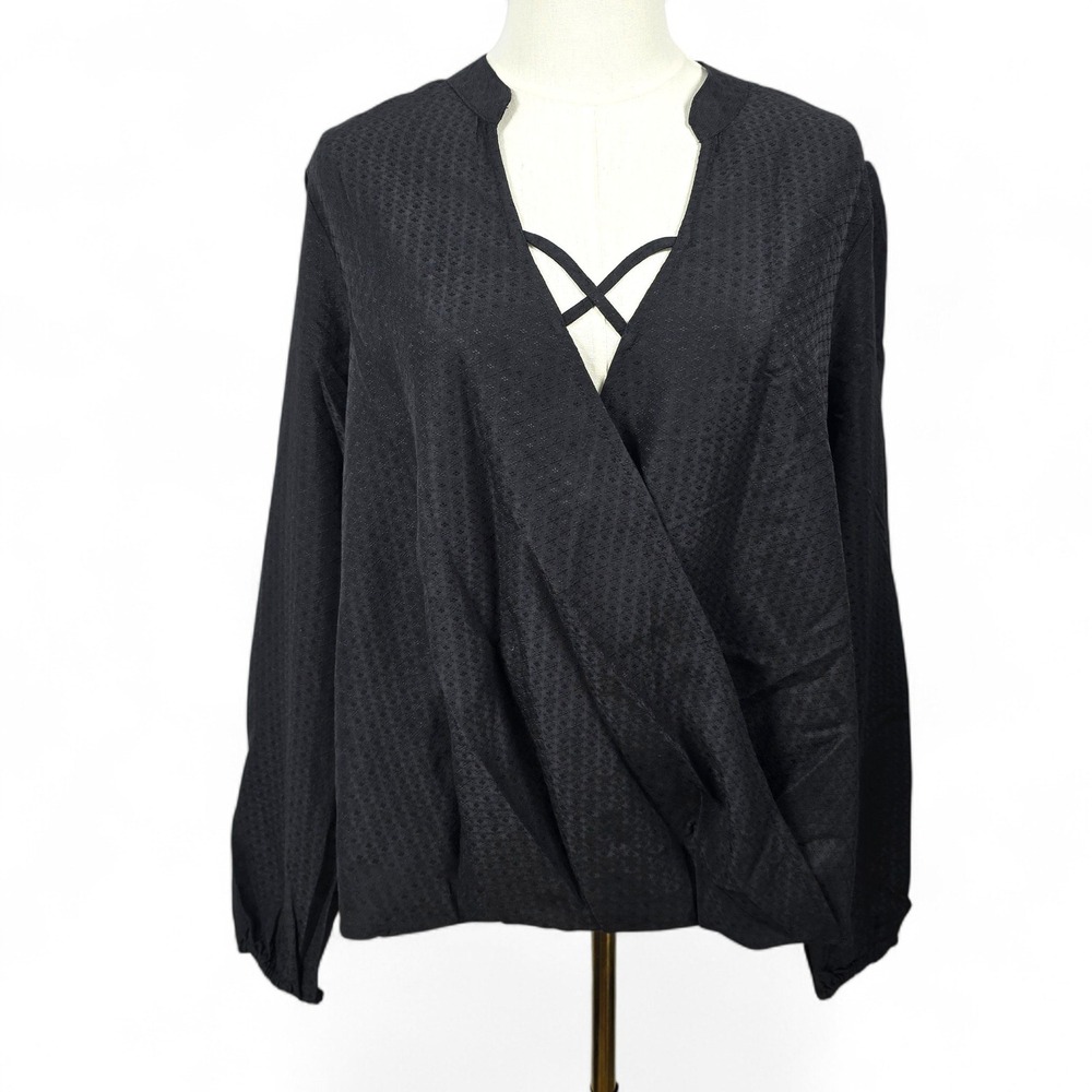 Band of the Free Black Clip Dot Faux Wrap Strappy V-Neck Blouse Woman Large NWT
